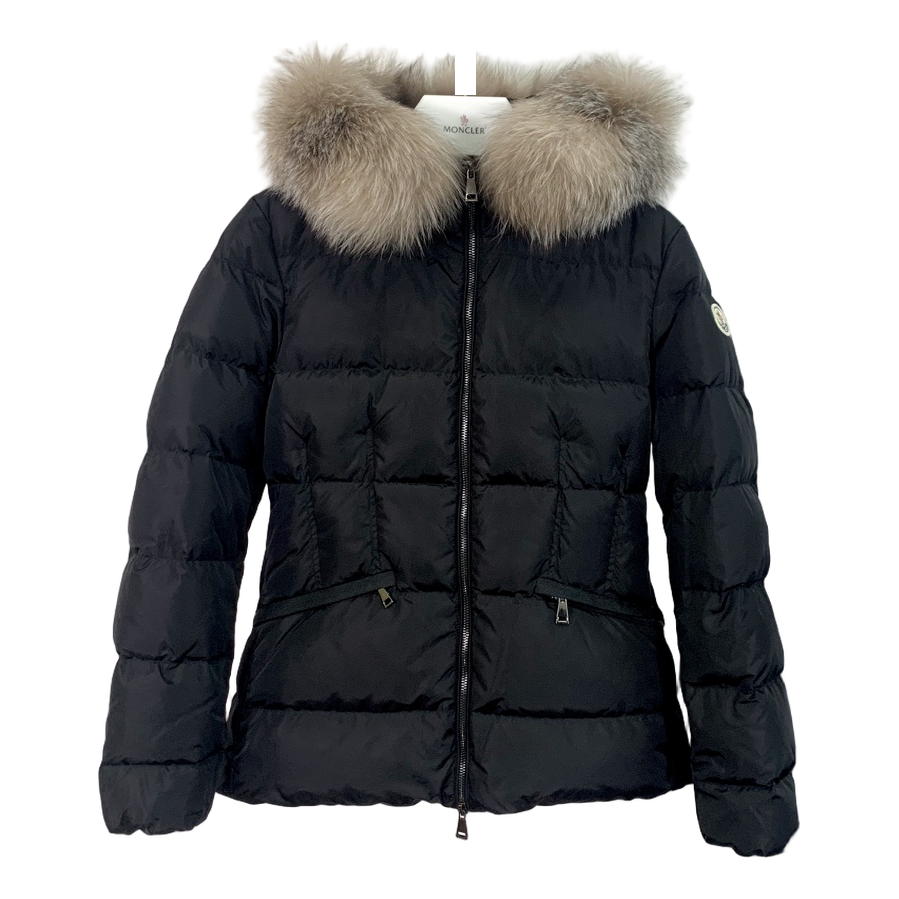 Moncler Cinched-Waist Fur-Trim Hooded Puffer Jacket – Black