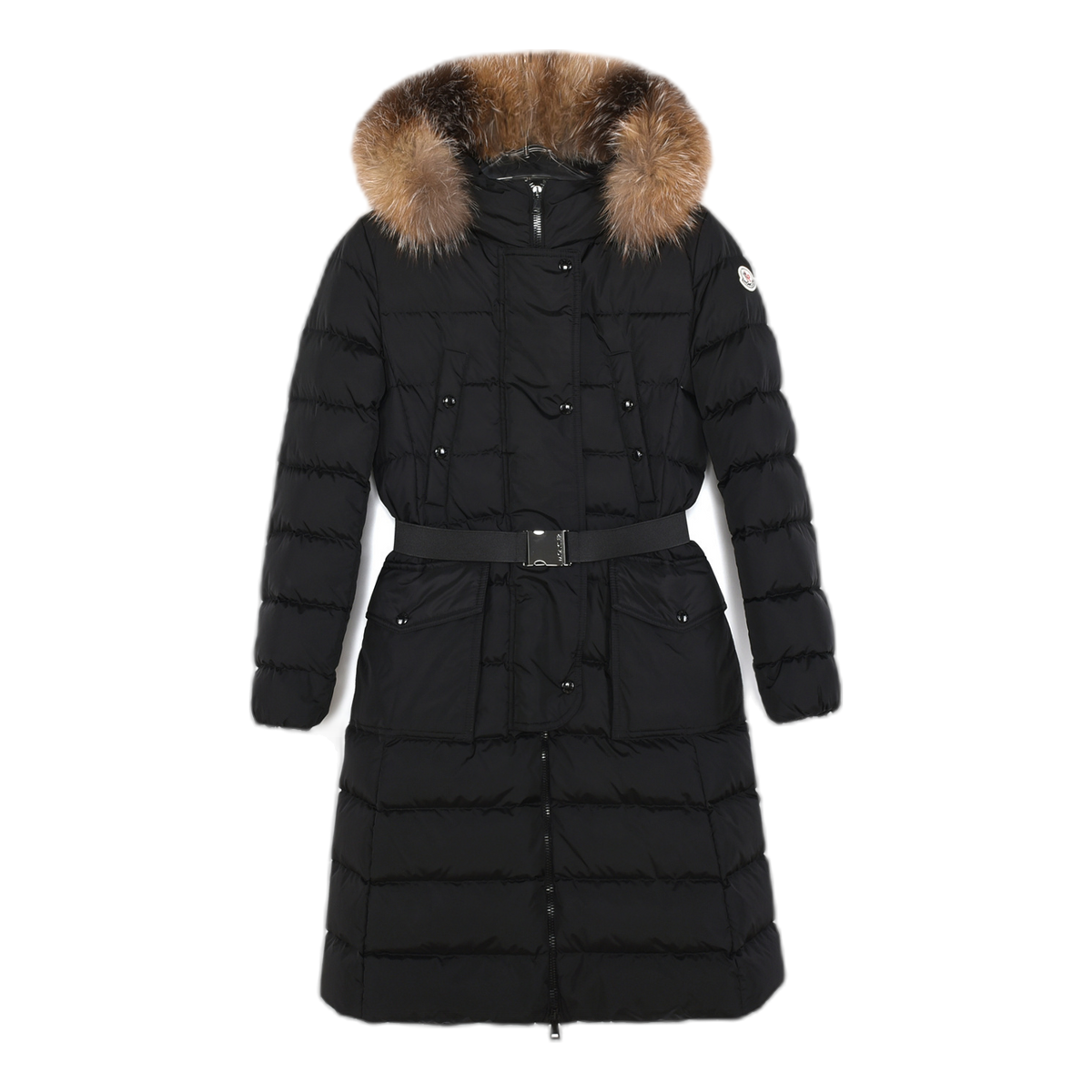 Moncler Khloe Belted Fur-Trim Hooded Long Coat – Black