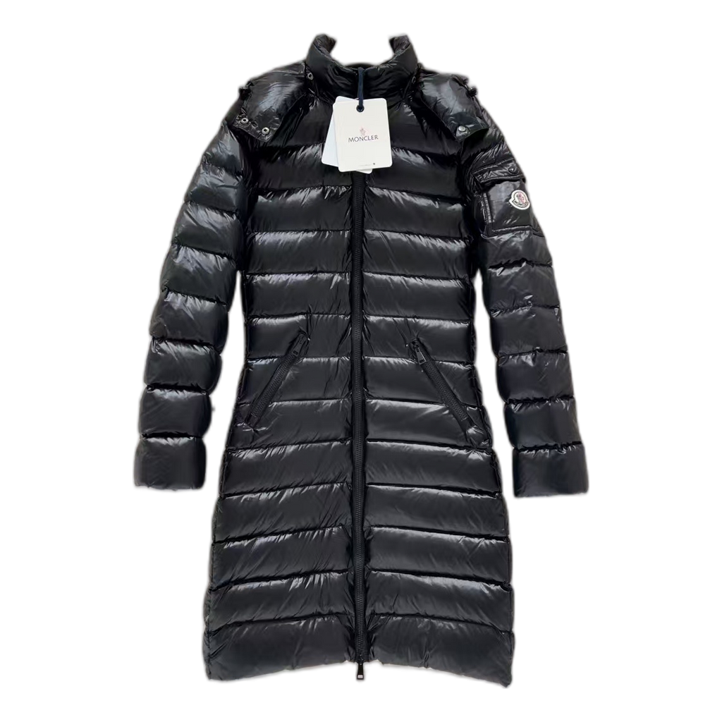 Moncler Narrow-Quilt Fur-Trim Hooded Long Down Coat – Black