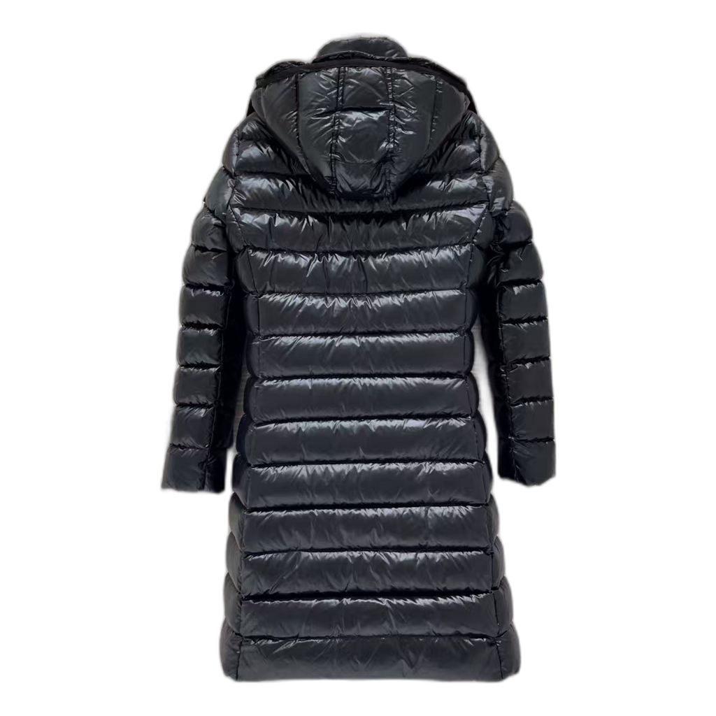 Moncler Narrow-Quilt Fur-Trim Hooded Long Down Coat – Black