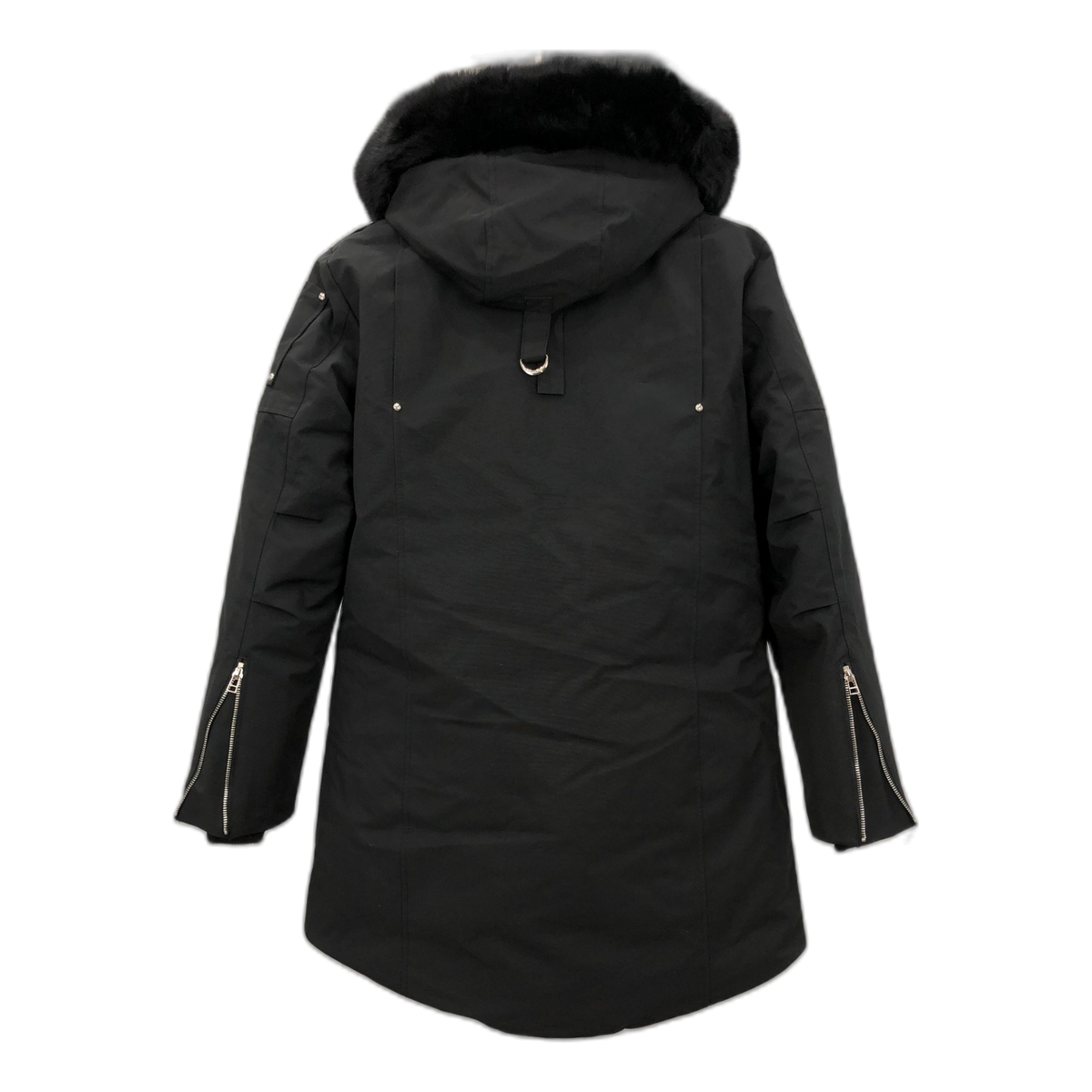 Moose Knuckles Curved-Hem Coyote Fur-Trim Hooded Down Parka – Black