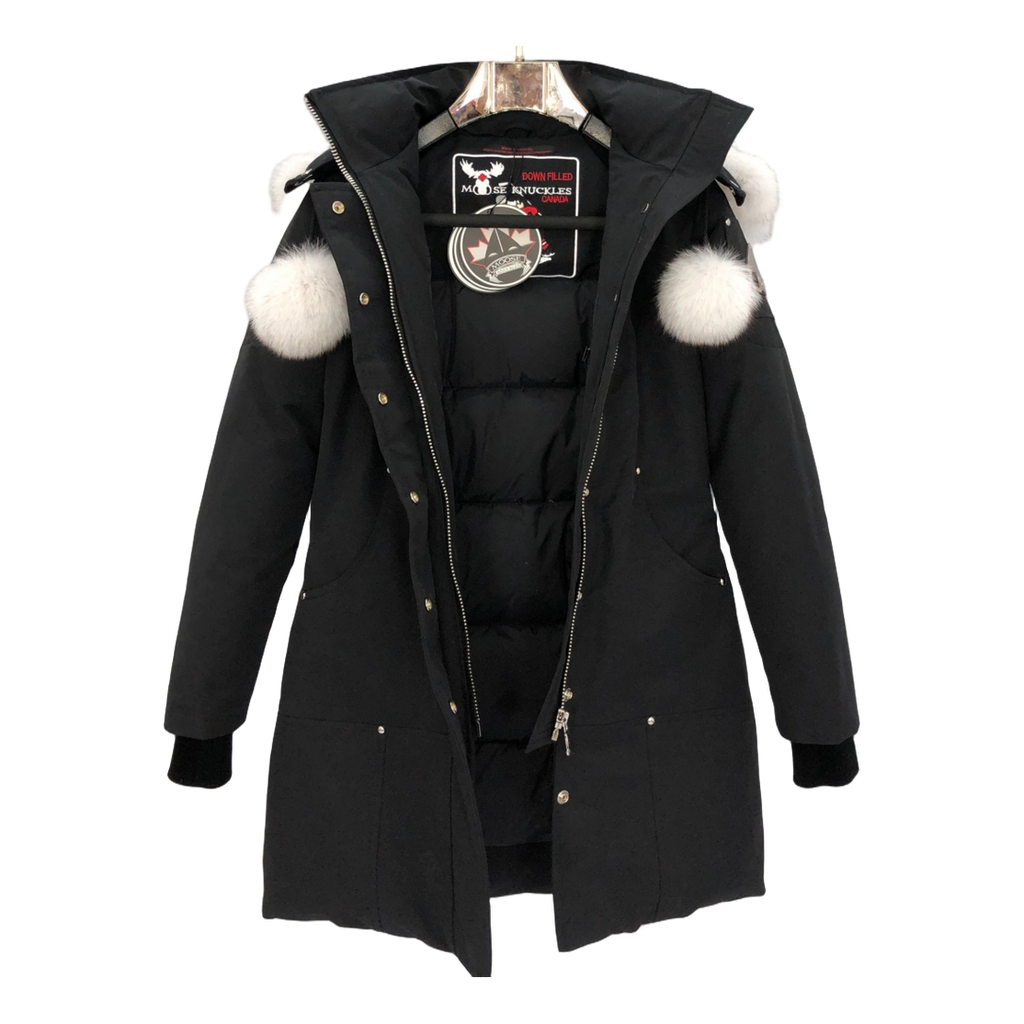 Moose Knuckles Stirling Pom-Pom Parka – White Fur Trim