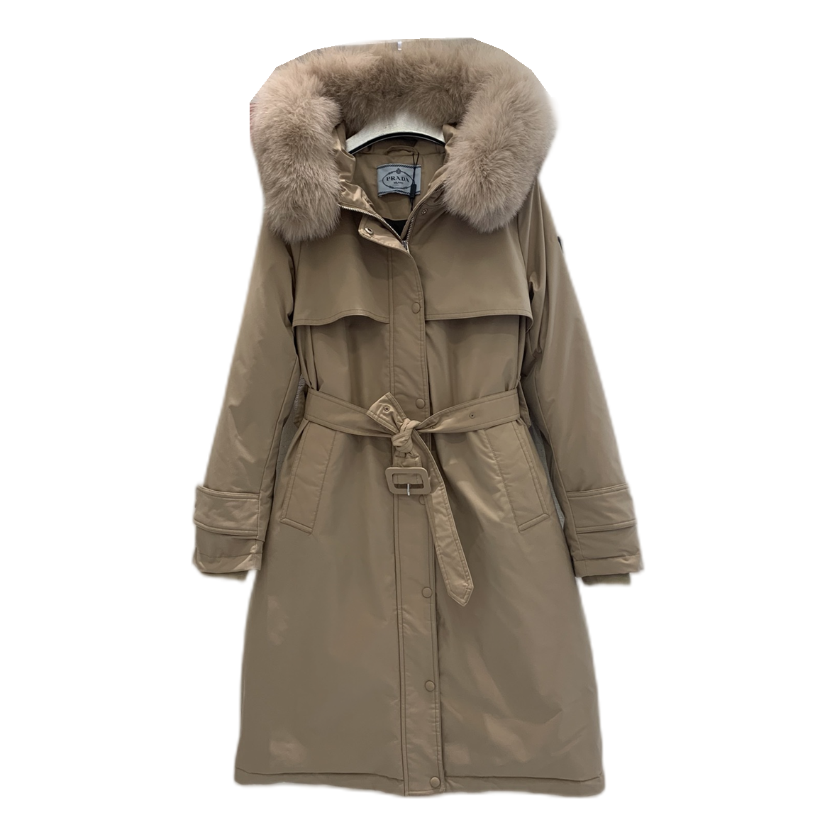 Prada Belted Faux Fur-Trim Hooded Coat – Beige
