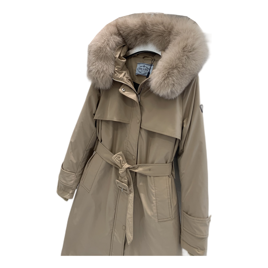 Prada Belted Faux Fur-Trim Hooded Coat – Beige