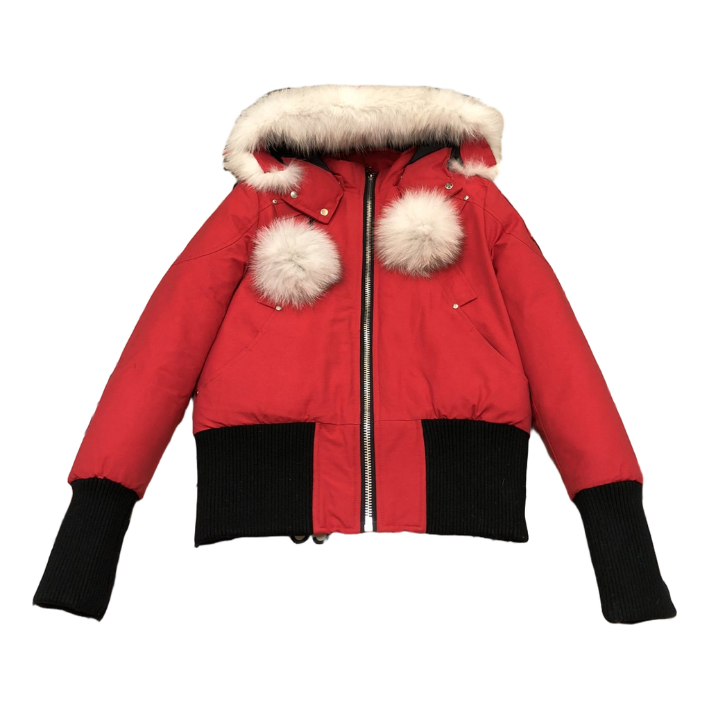 Moose Knuckles Debbie Pom-Pom Hooded Down Bomber – Red