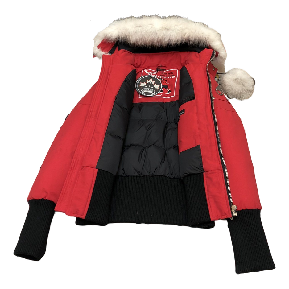 Moose Knuckles Debbie Pom-Pom Hooded Down Bomber – Red