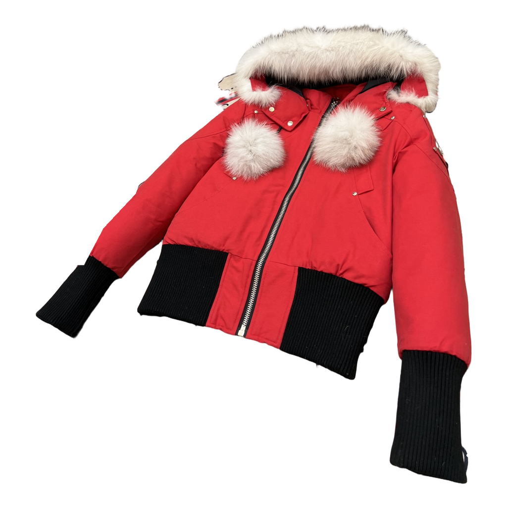 Moose Knuckles Debbie Pom-Pom Hooded Down Bomber – Red