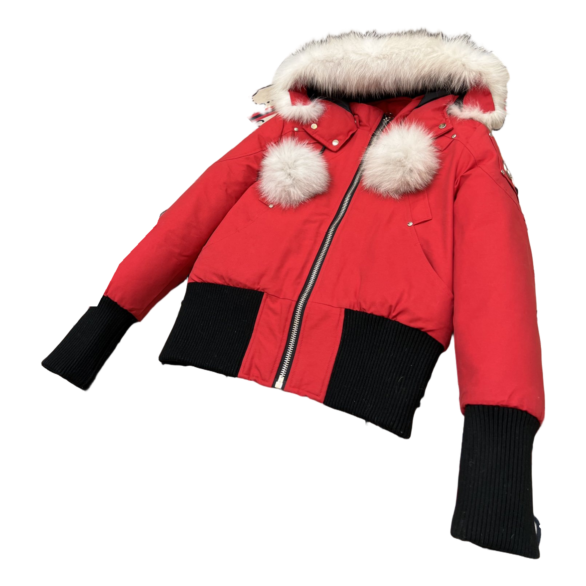 Moose Knuckles Debbie Pom-Pom Hooded Down Bomber – Red