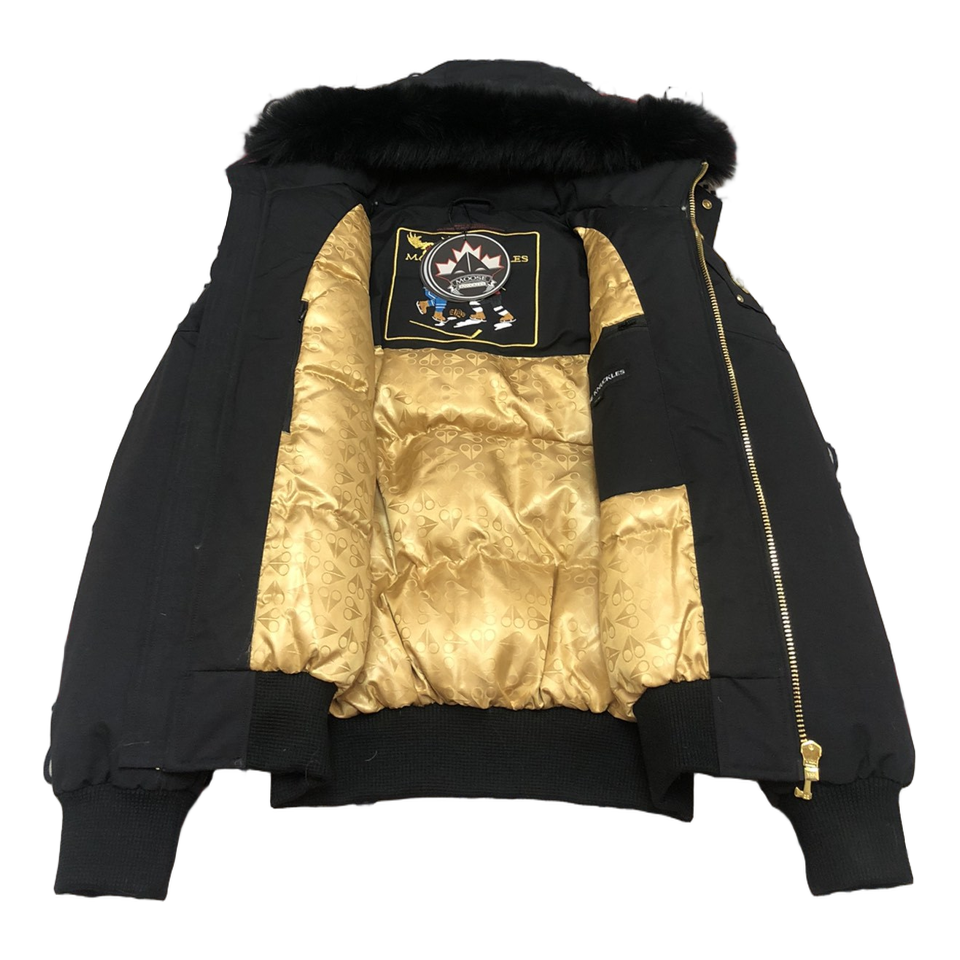 Moose Knuckles Gold Ballistic Coyote Fur-Trim Down Bomber – Black
