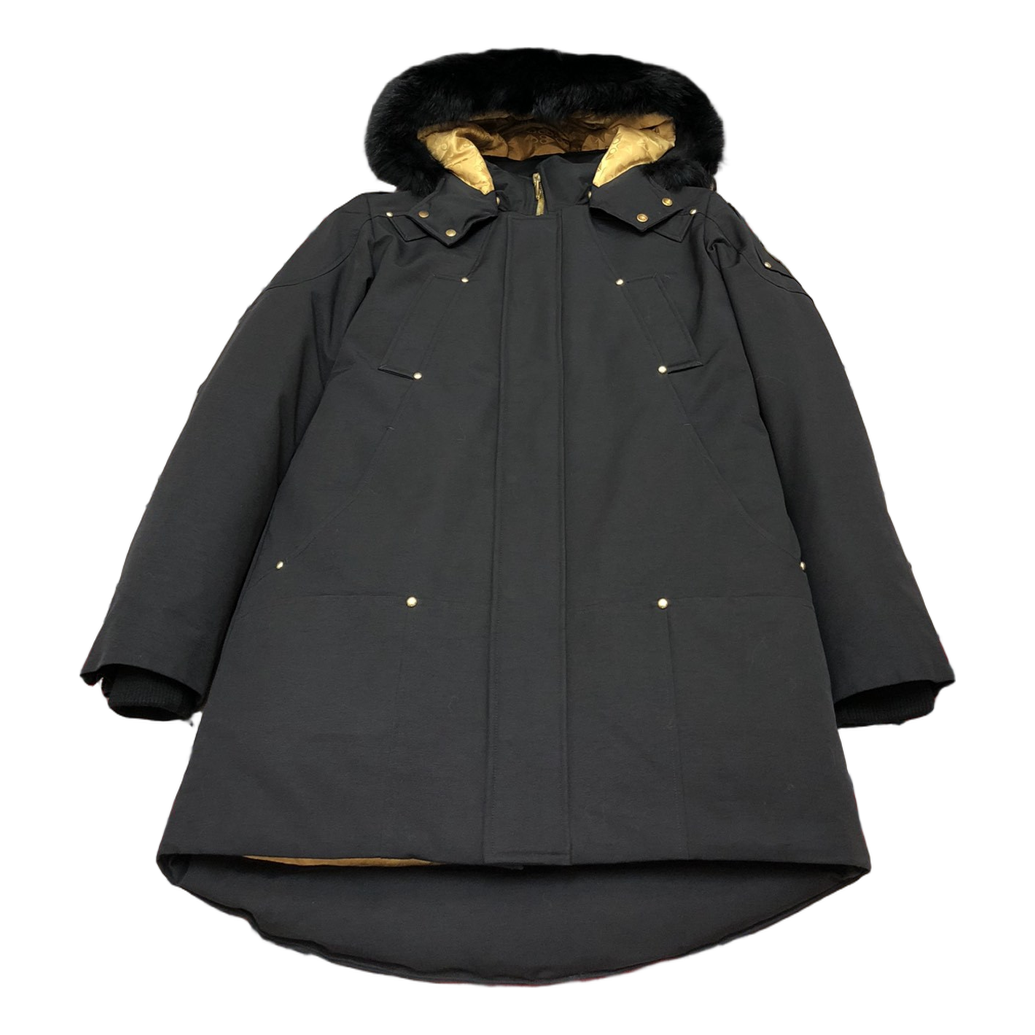 Moose Knuckles Gold-Lined Coyote Fur-Trim Long Parka – Black