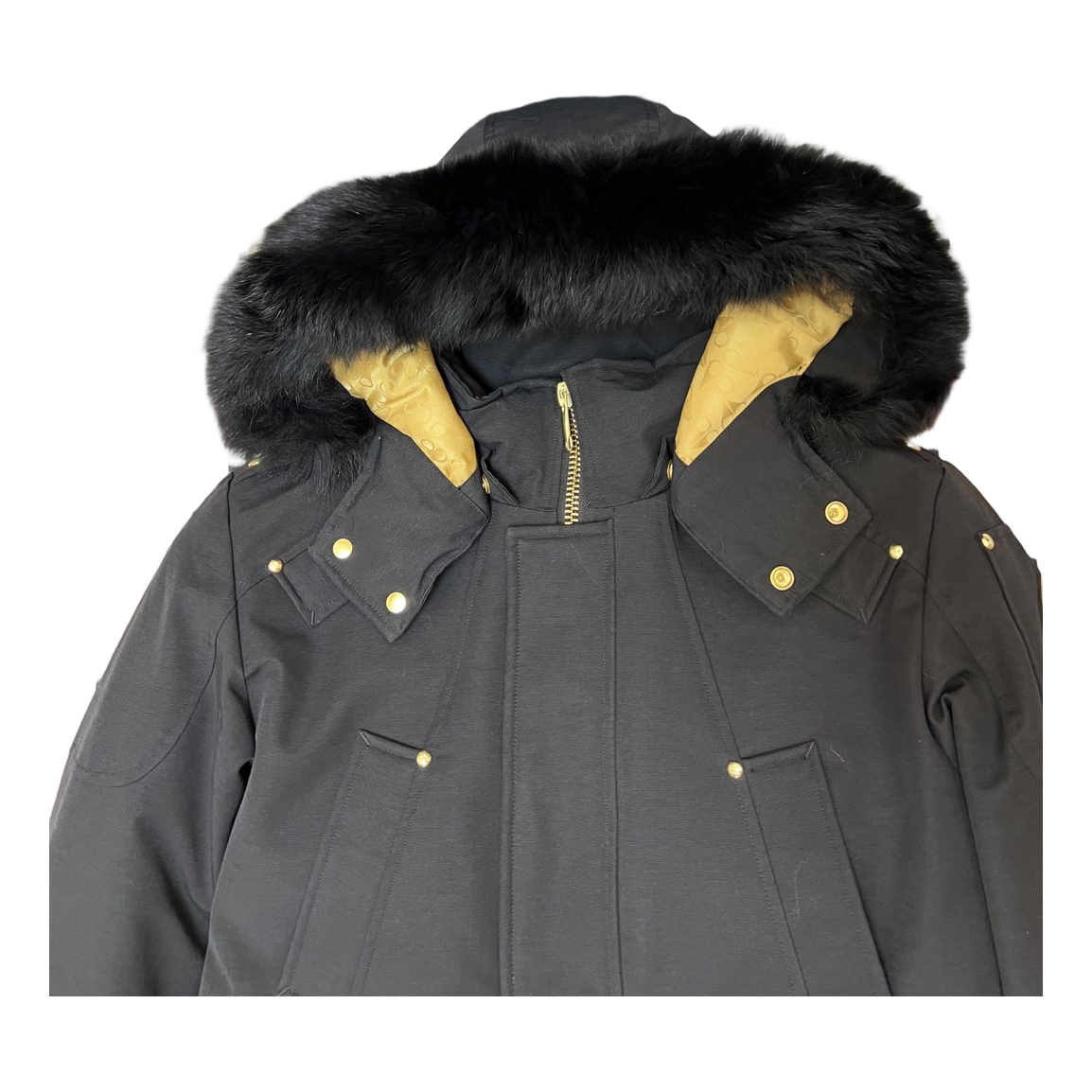 Moose Knuckles Gold-Lined Coyote Fur-Trim Long Parka – Black