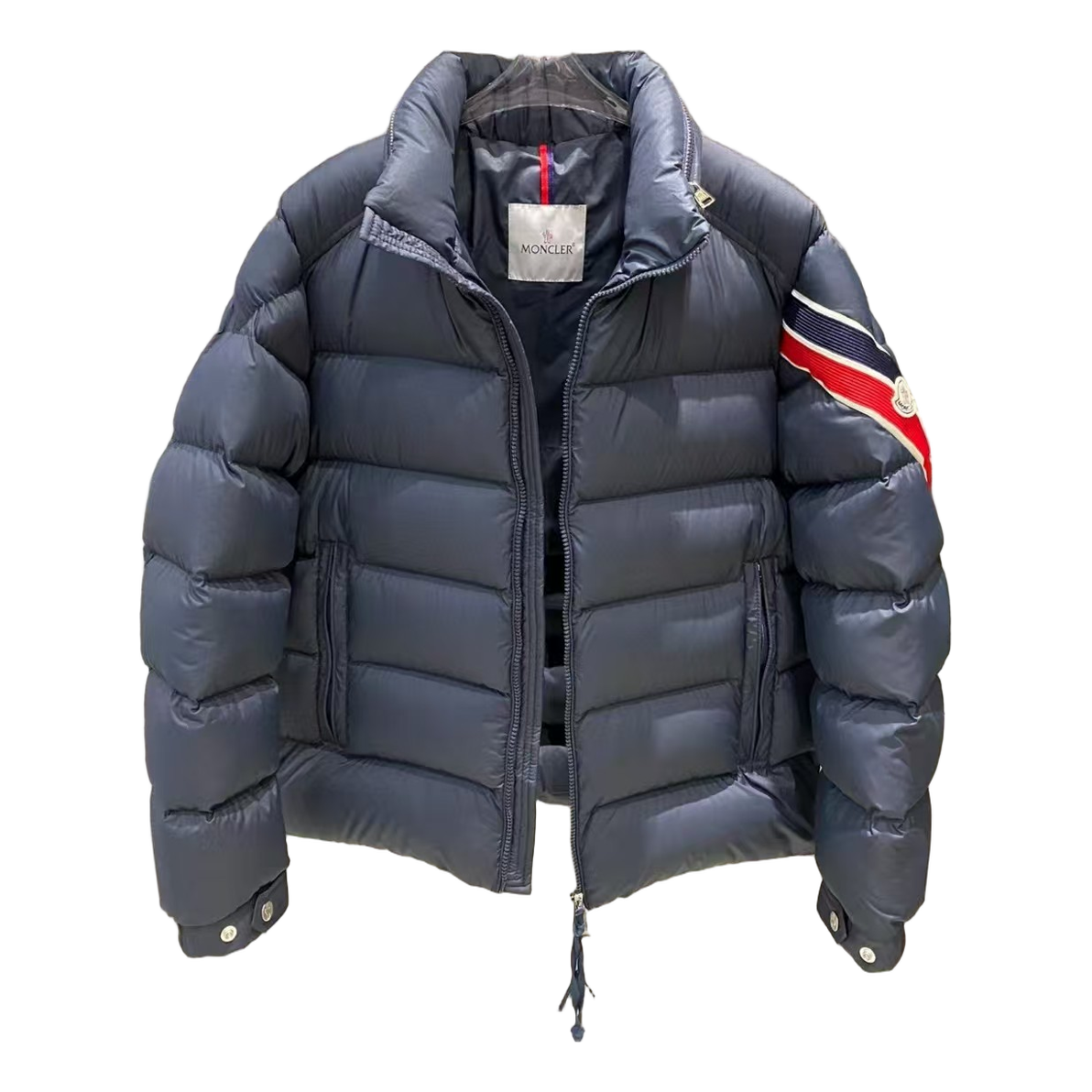 Moncler Tricolour Sleeve-Band Stand-Collar Puffer Jacket – Navy