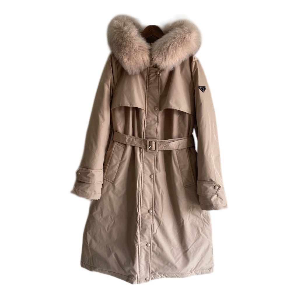 Prada Belted Faux Fur-Trim Hooded Coat – Blush Beige